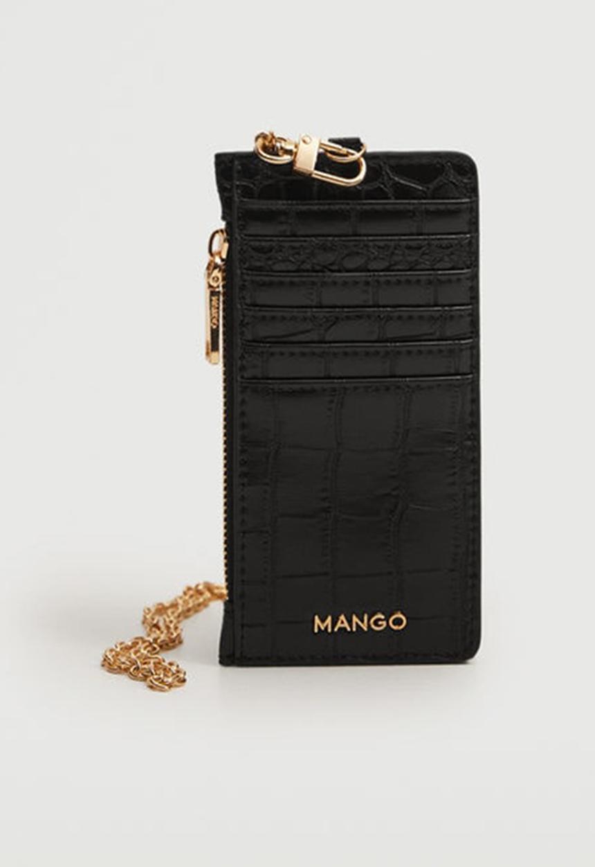 MANGO - Croc-effect cardholder with chain - black