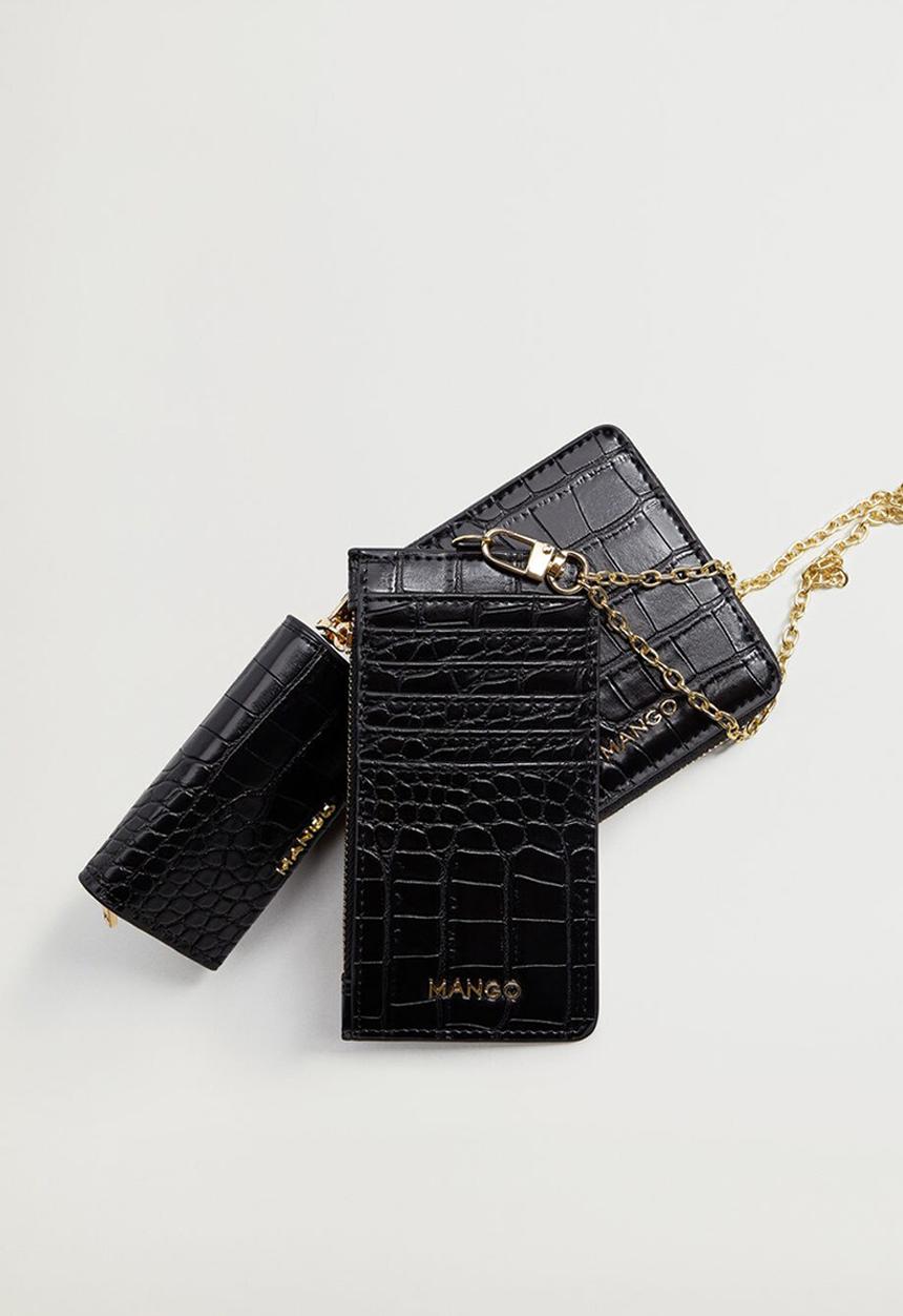 MANGO - Croc-effect cardholder with chain - black