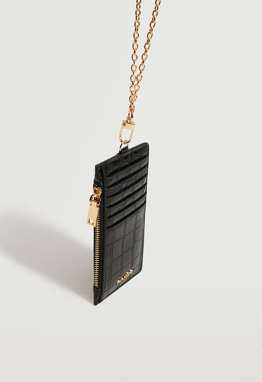 MANGO - Croc-effect cardholder with chain - black