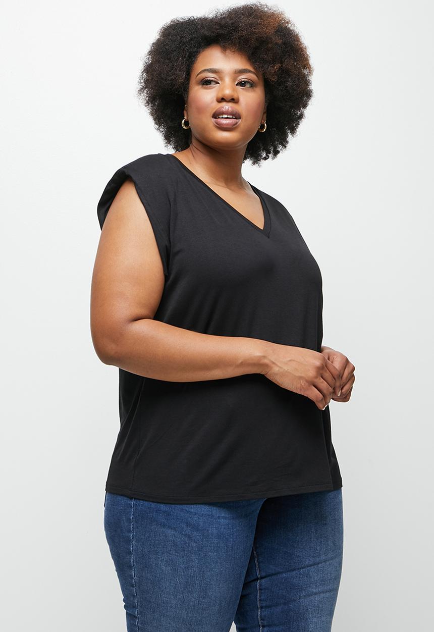edit Plus - V-neck shoulder pad T-shirt - black