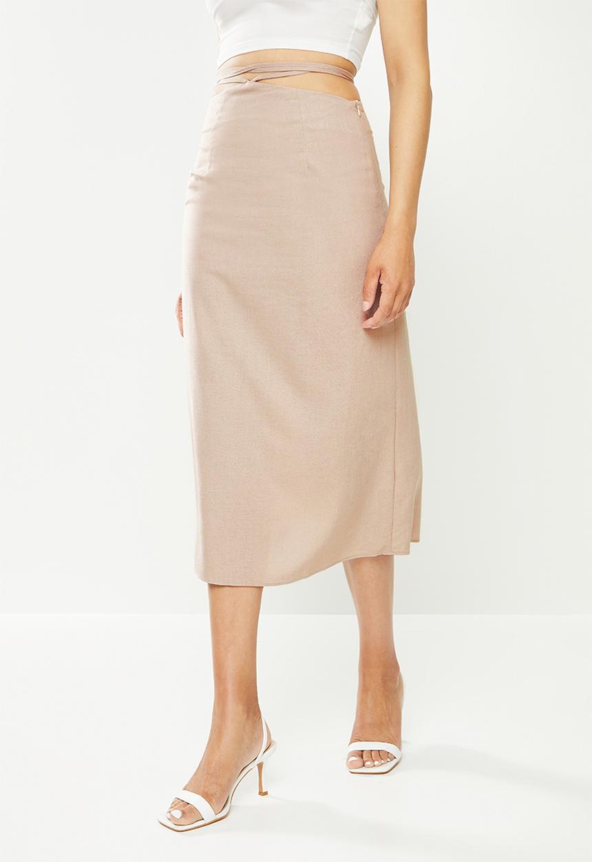 Missguided - Tie waist midaxi slip skirt linen - ecru
