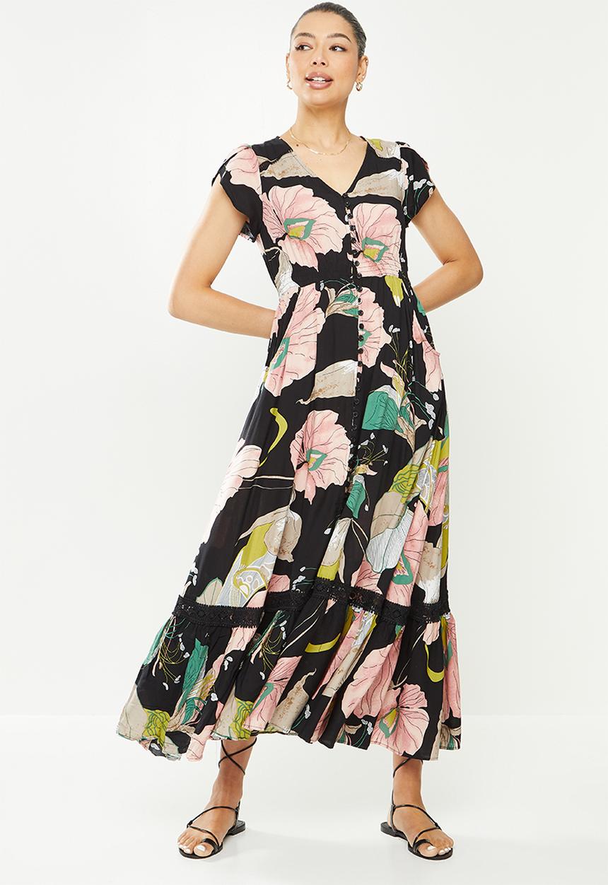 Revenge - Floral sleeveless maxi dress - black