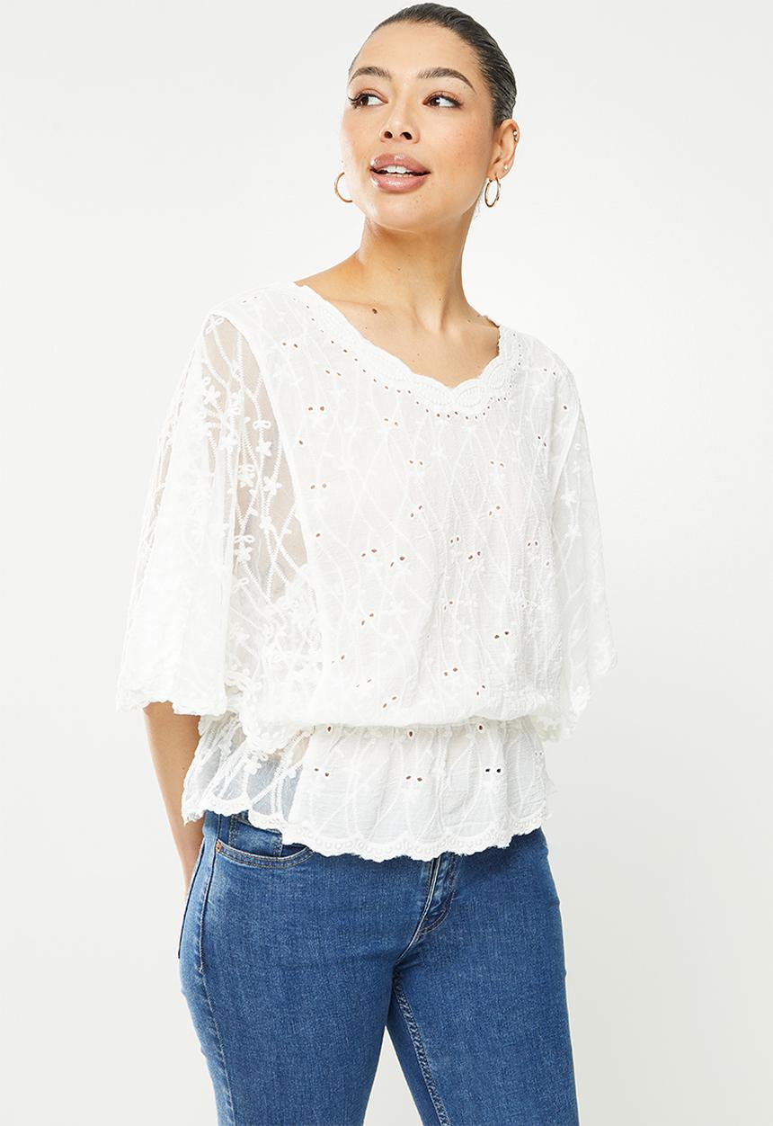 Revenge - 3/4 Batwing sleeve sheer lace blouse - white