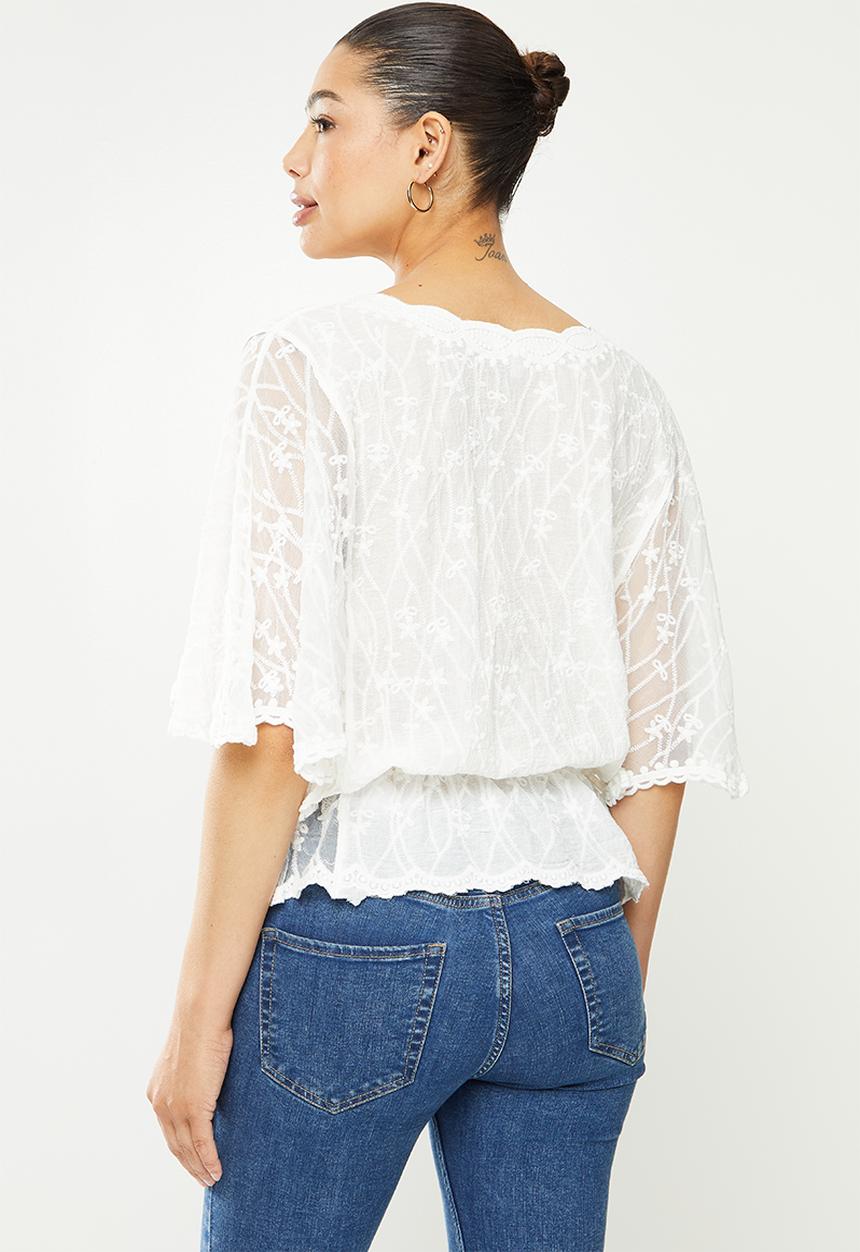 Revenge - 3/4 Batwing sleeve sheer lace blouse - white
