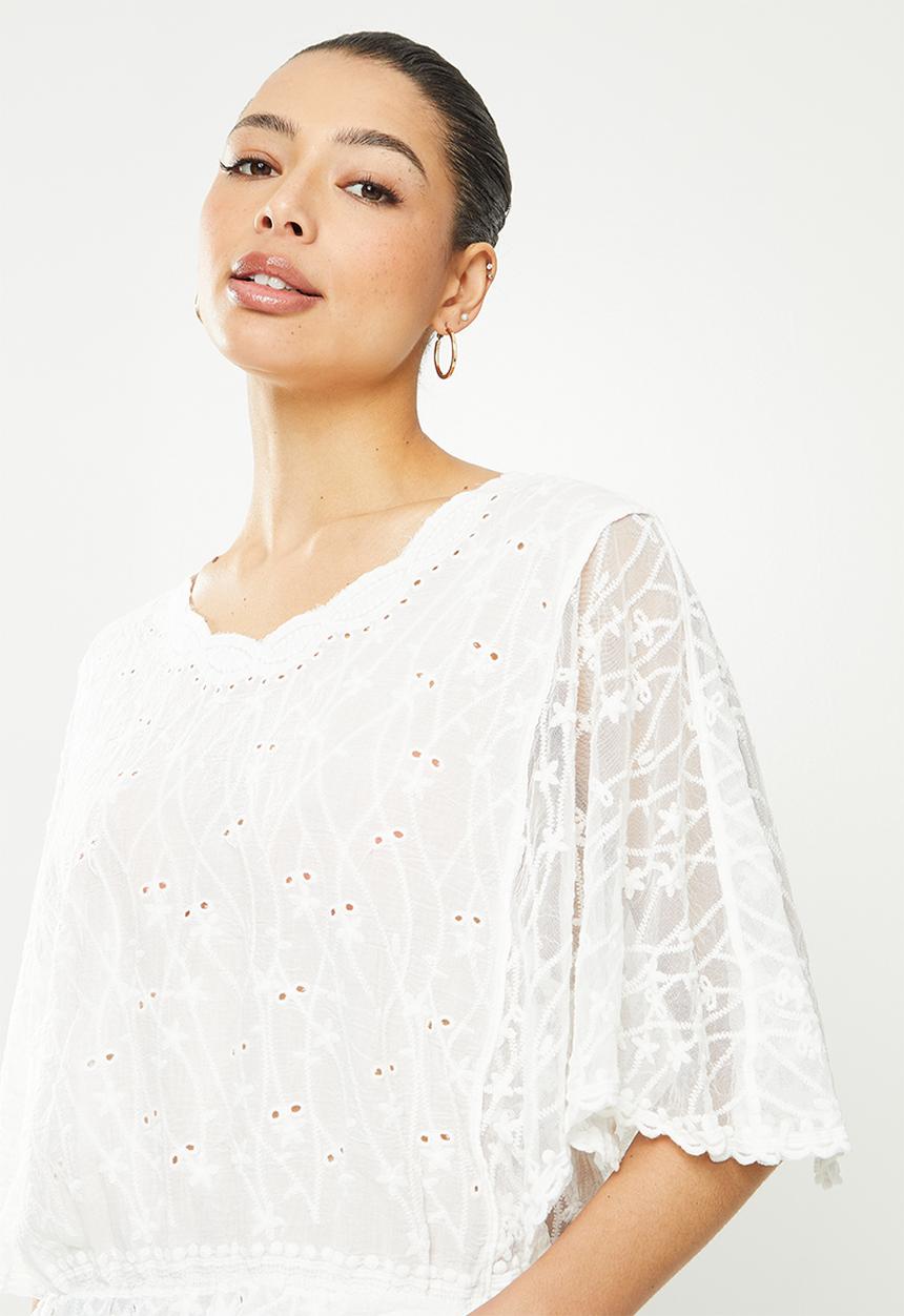 Revenge - 3/4 Batwing sleeve sheer lace blouse - white