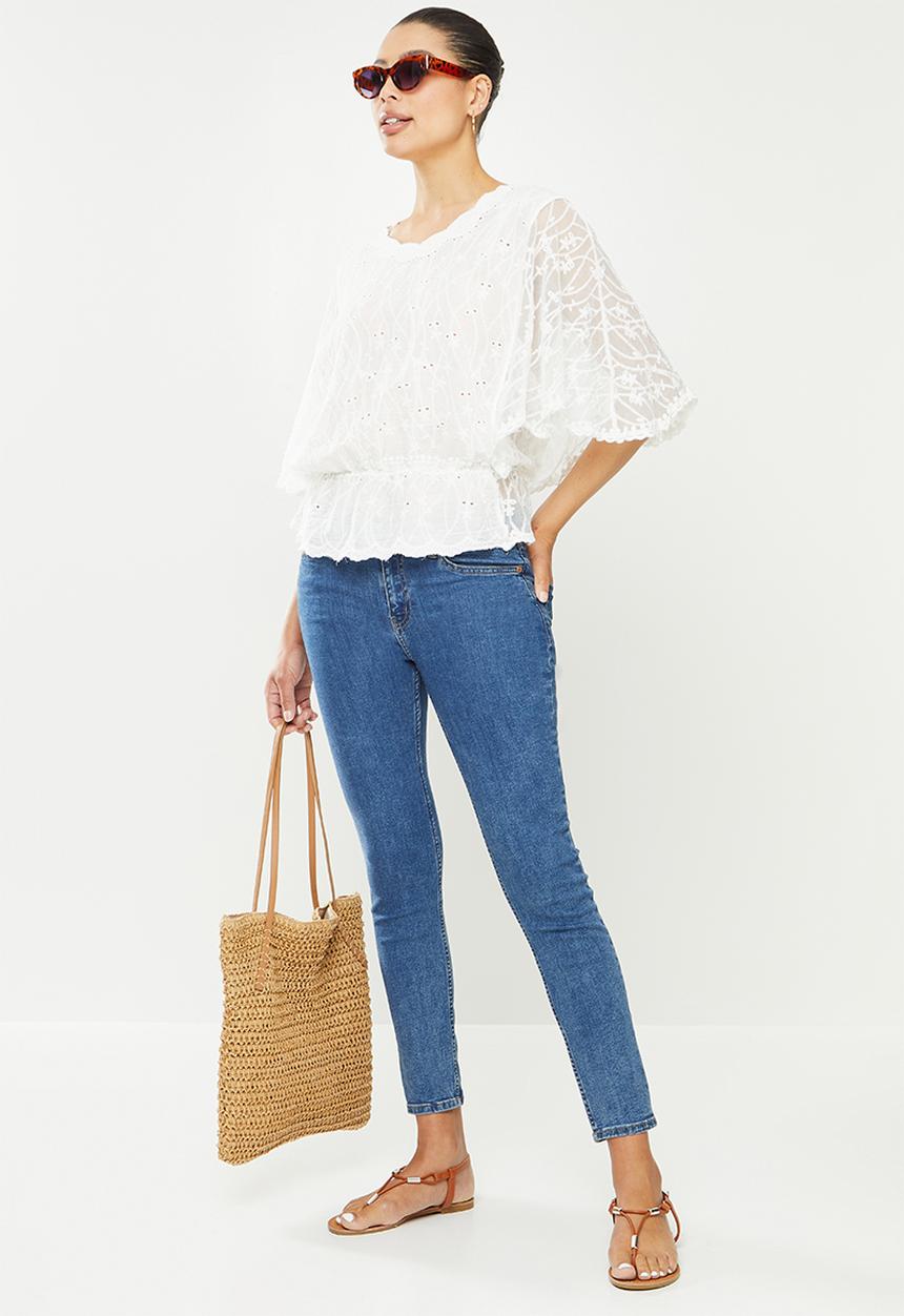 Revenge - 3/4 Batwing sleeve sheer lace blouse - white