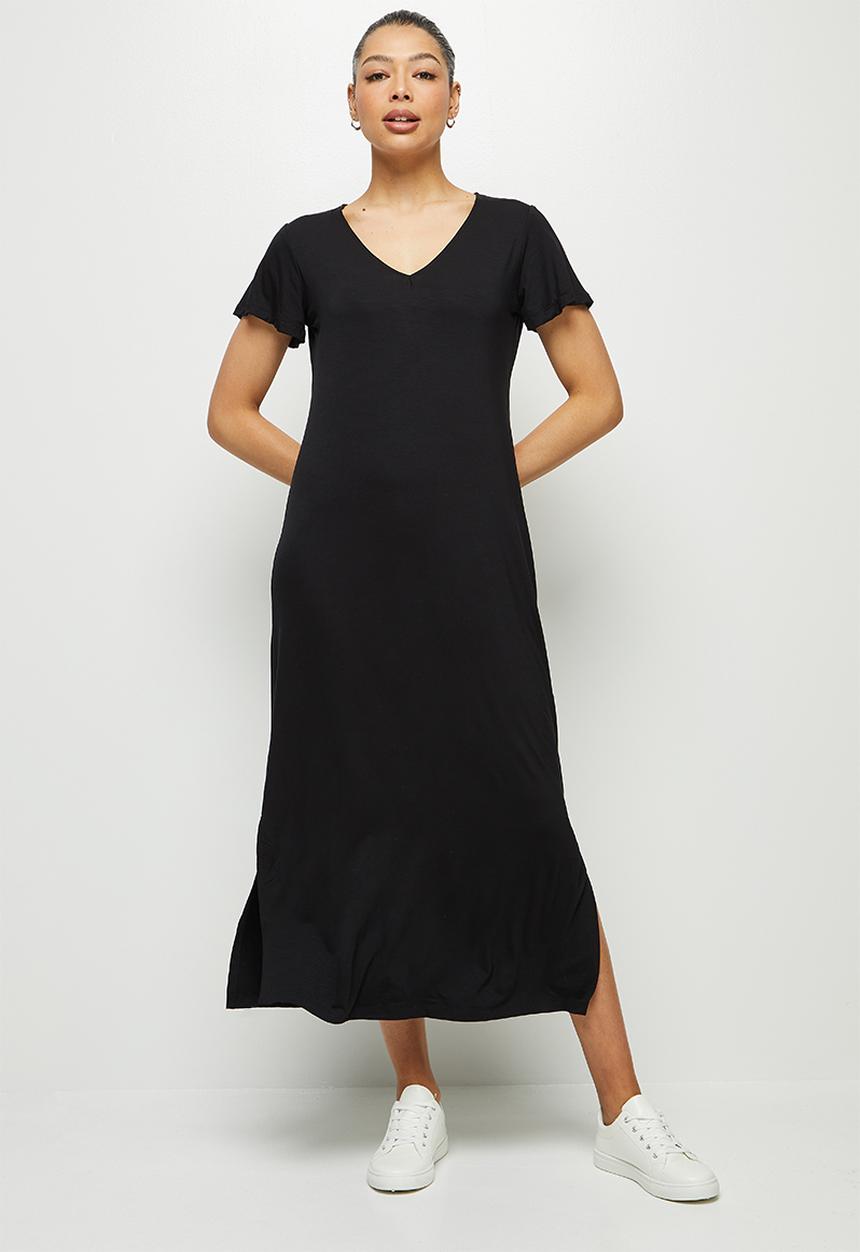 edit - Bamboo deep v-neck slit maxi dress - black