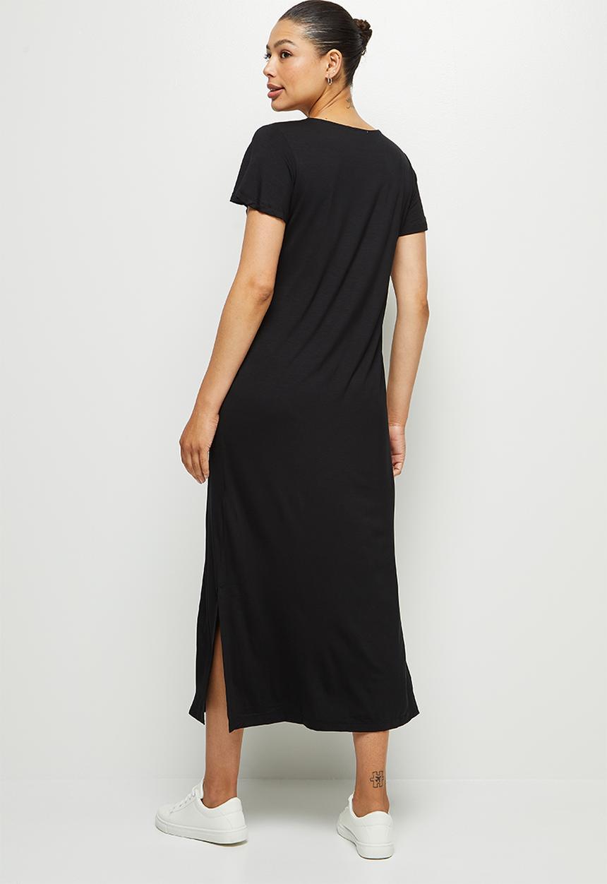 edit - Bamboo deep v-neck slit maxi dress - black