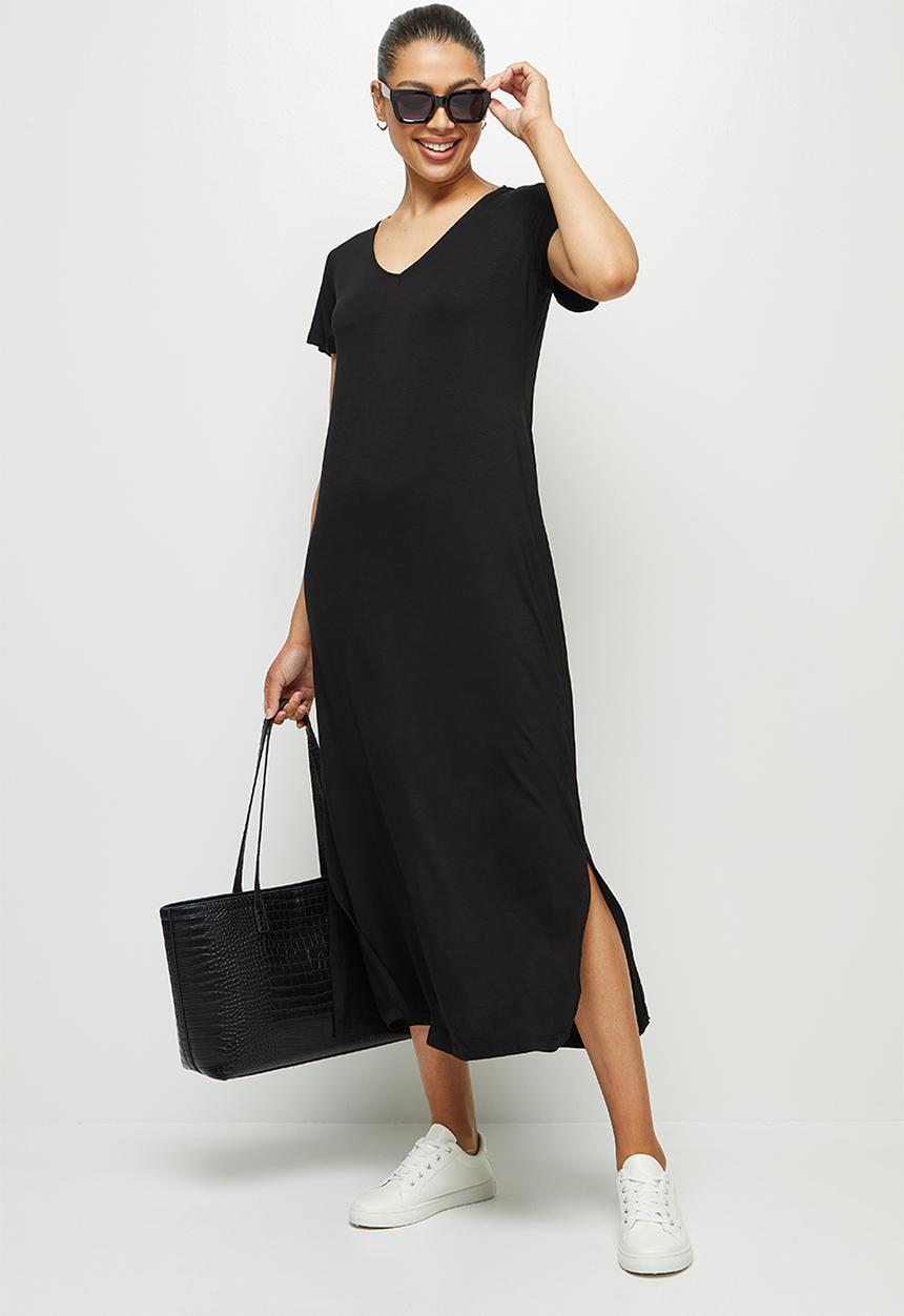 edit - Bamboo deep v-neck slit maxi dress - black