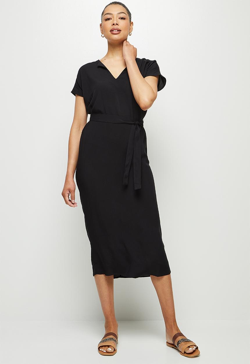 edit - Notch neck belted tunic dress - black