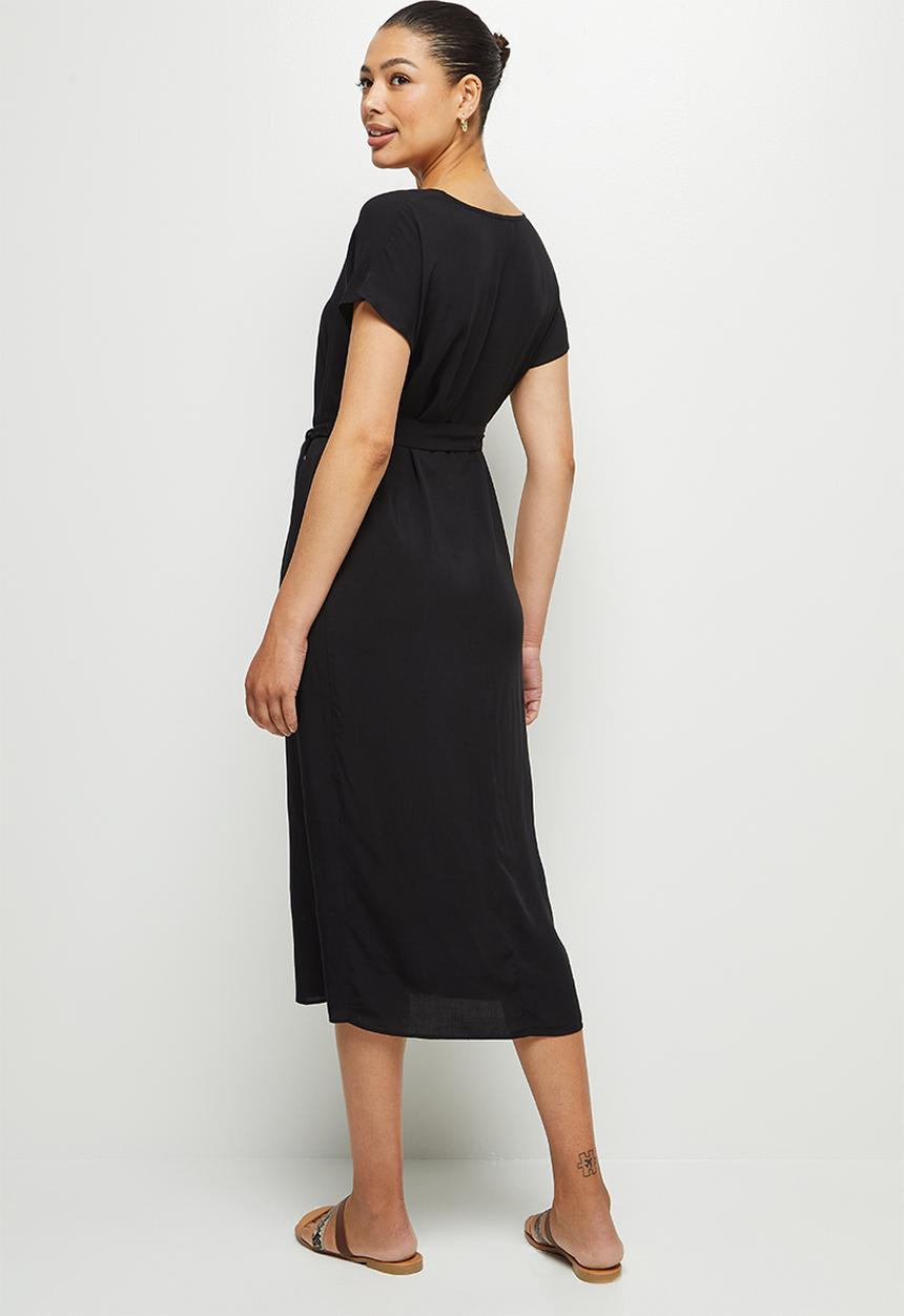 edit - Notch neck belted tunic dress - black