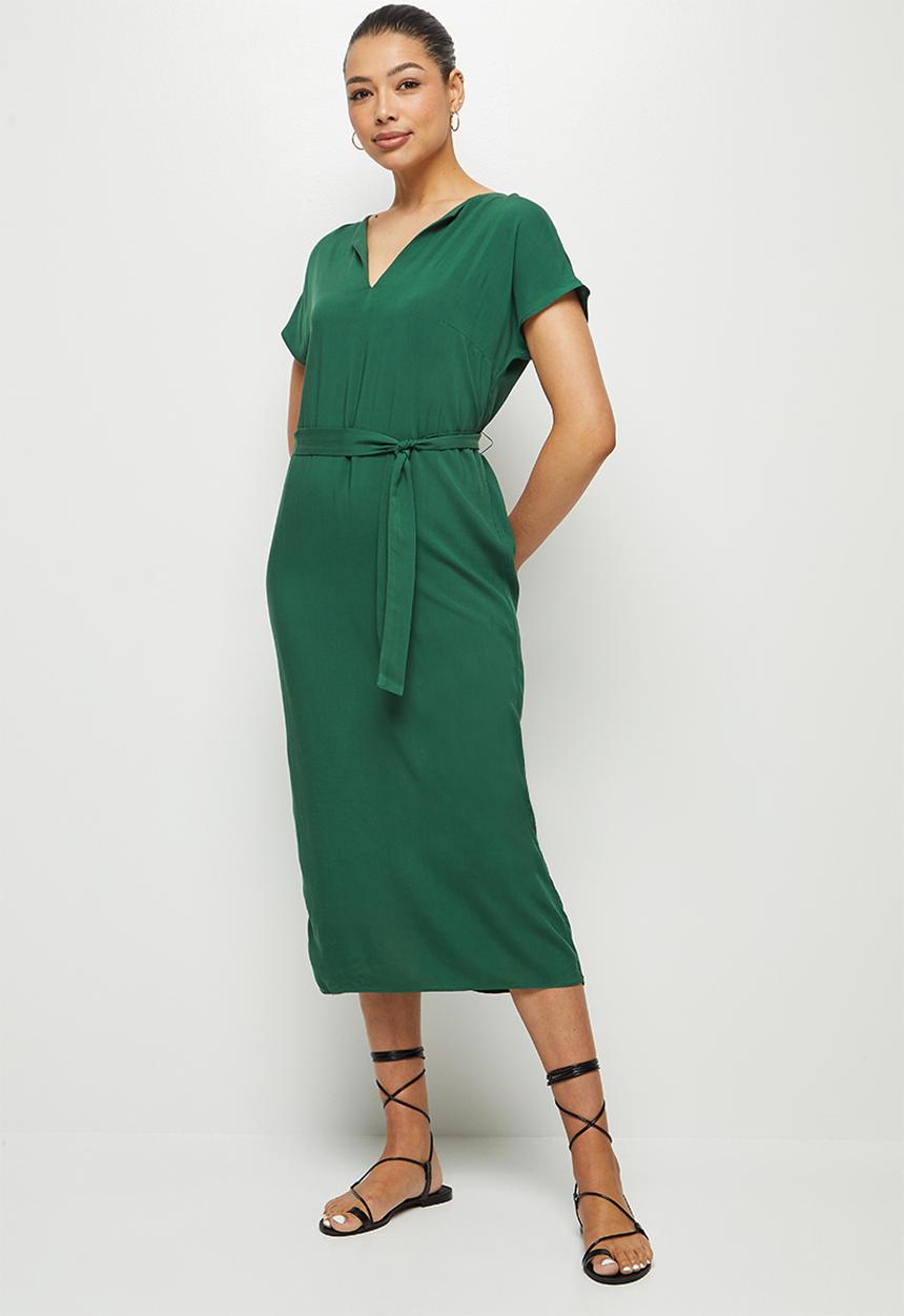 edit - Notch neck belted tunic dress - dark green