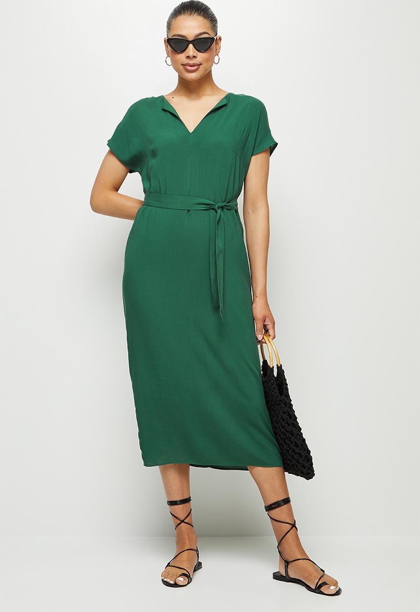 edit - Notch neck belted tunic dress - dark green
