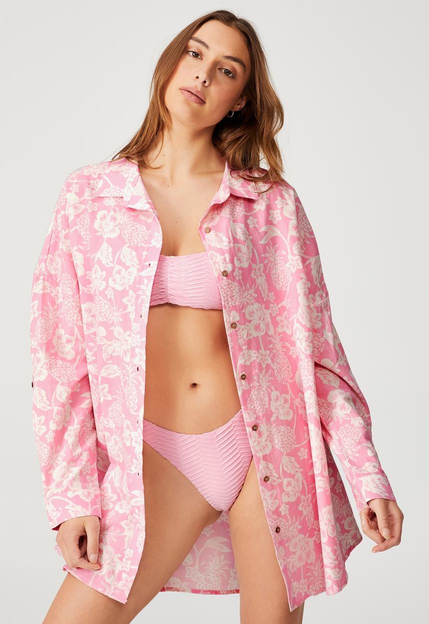 Cotton On - Swing beach shirt - pineapple hisbiscus bubblegum