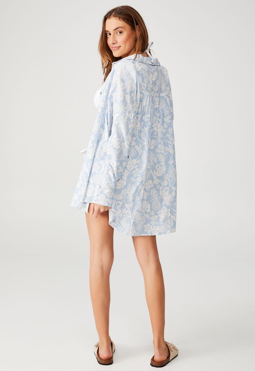 Cotton On - Swing beach shirt - pineapple hisbiscus sea salt blue