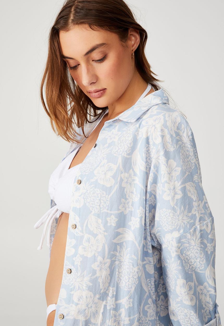 Cotton On - Swing beach shirt - pineapple hisbiscus sea salt blue