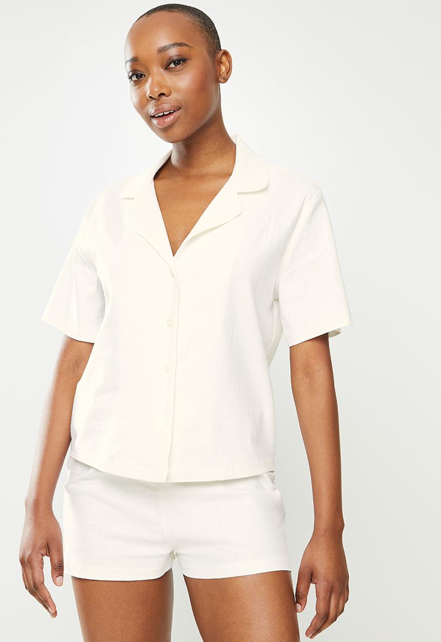 Superbalist - Linen blend sleep shirt & shorts set - ecru
