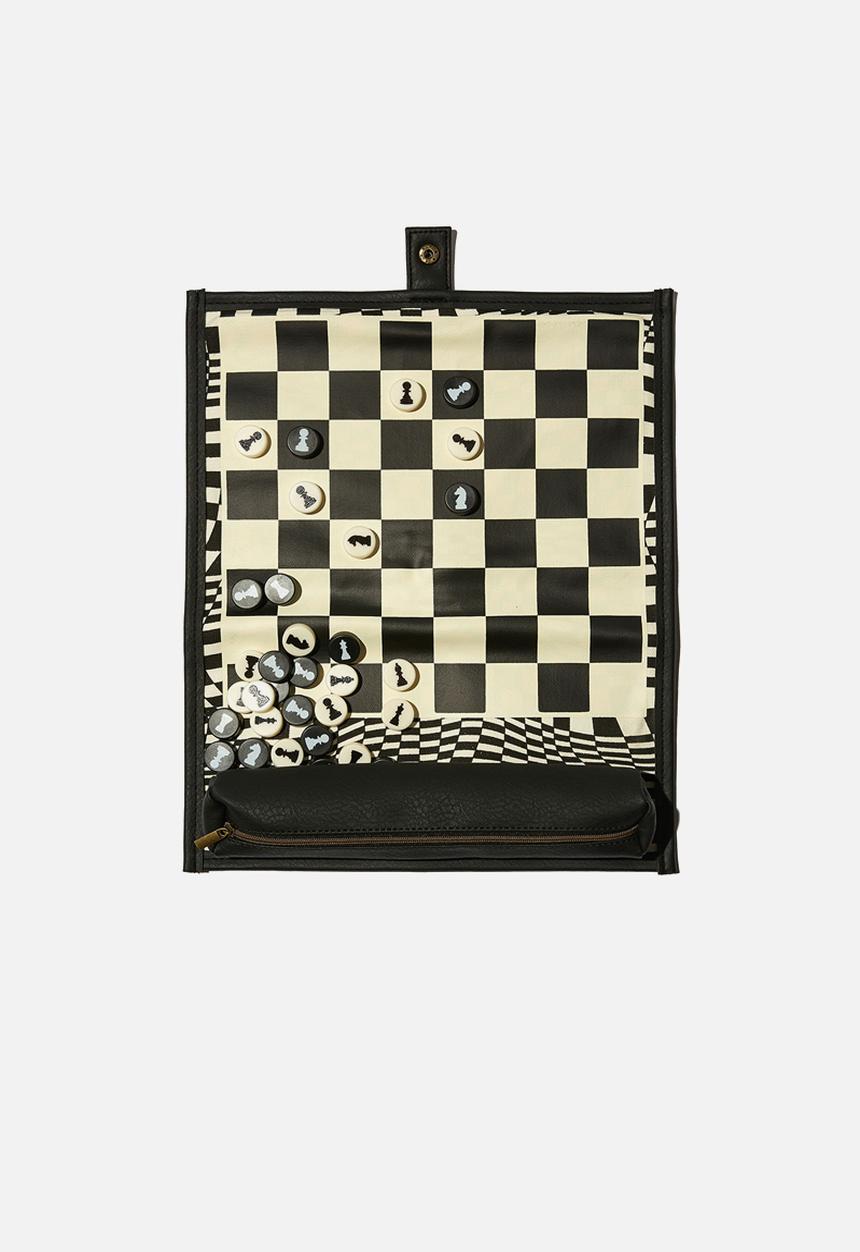 Typo - 2 in 1 roll up chess and checker set - warped checkerboard black