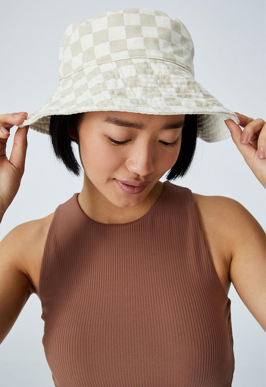 Rubi - Elly reversible wide brim bucket hat - tara checkerboard/linen taupe