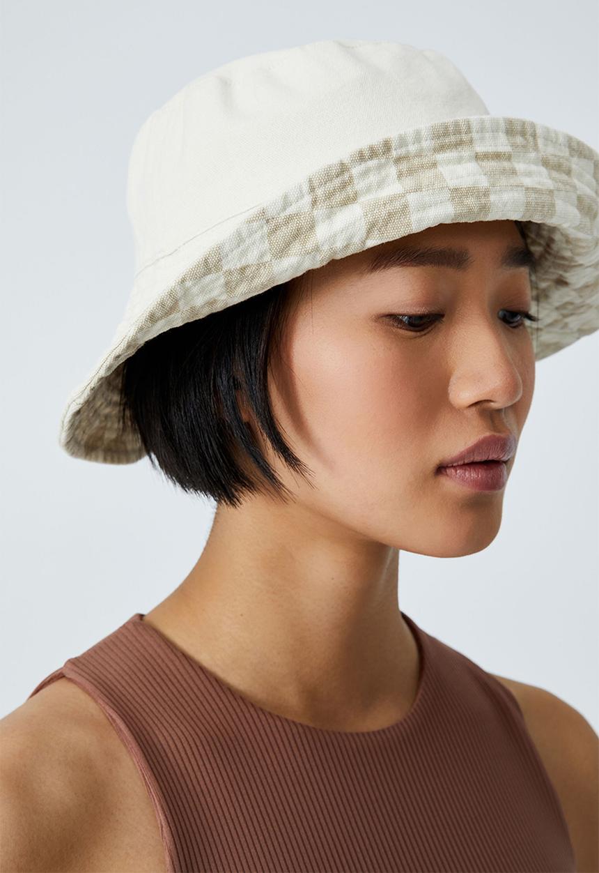 Rubi - Elly reversible wide brim bucket hat - tara checkerboard/linen taupe