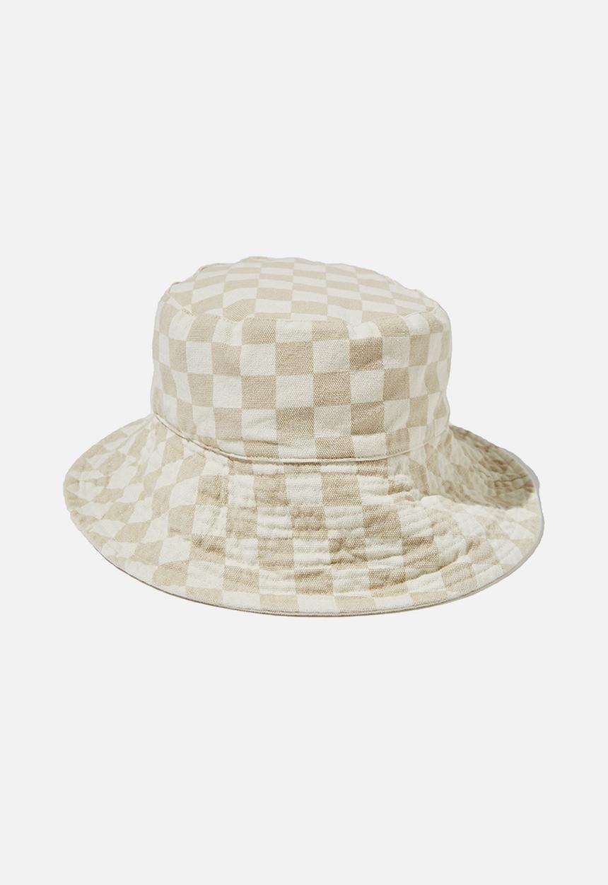 Rubi - Elly reversible wide brim bucket hat - tara checkerboard/linen taupe