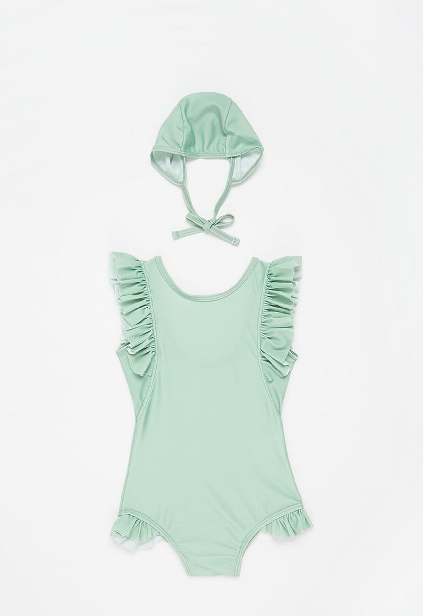 Pop Candy - Girls ruffle swimsuit and cap - green