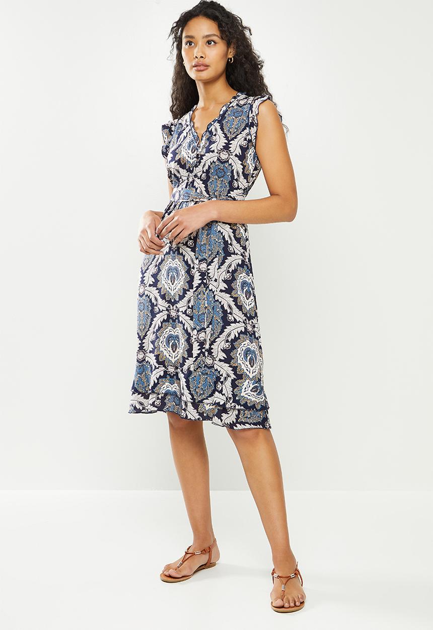 Stella Morgan - Floral sleeveless tie waist dress - navy