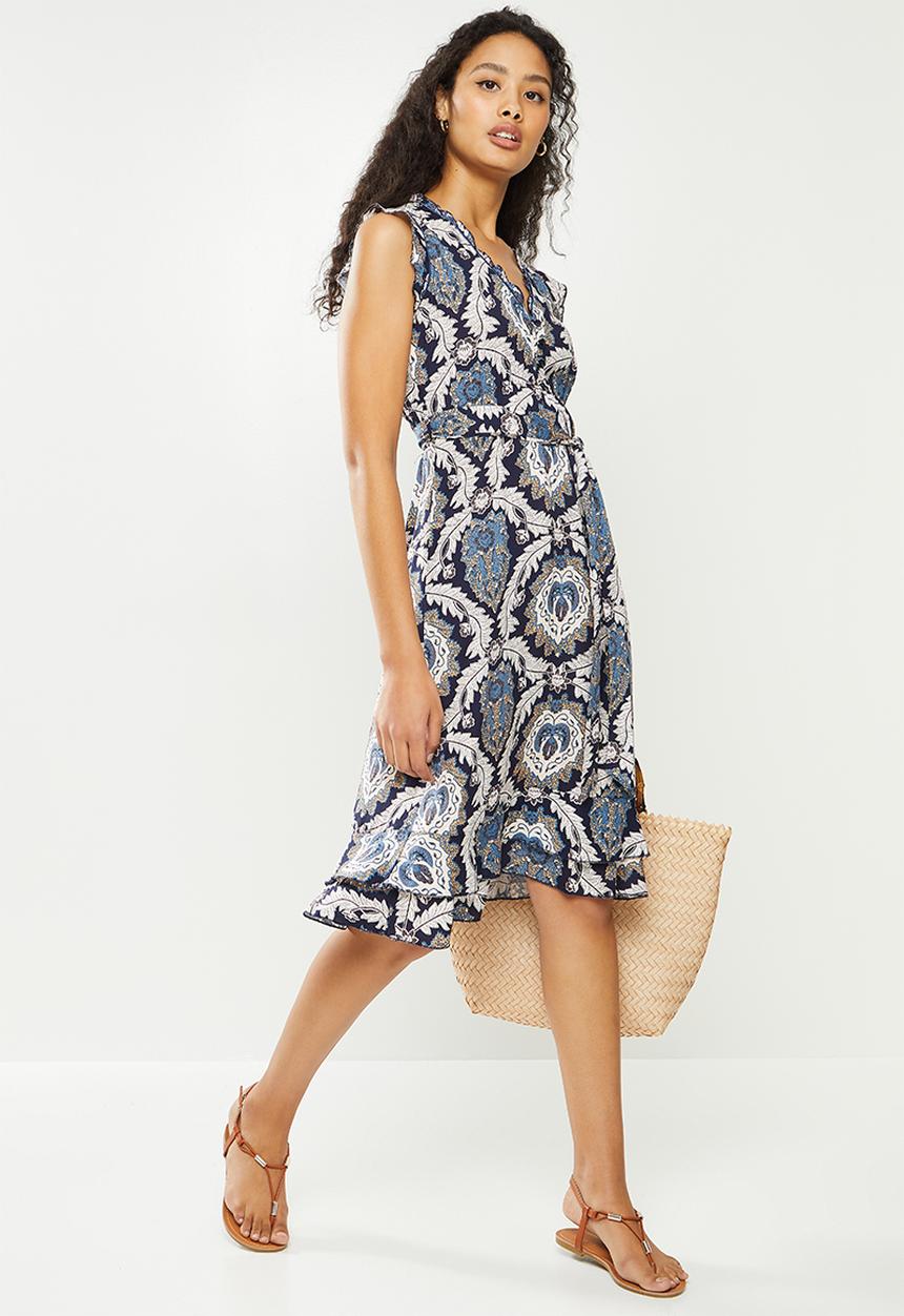 Stella Morgan - Floral sleeveless tie waist dress - navy