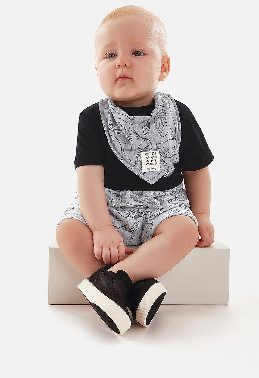 UP Baby - Baby boys bodysuit, shorts & bib set - black & grey