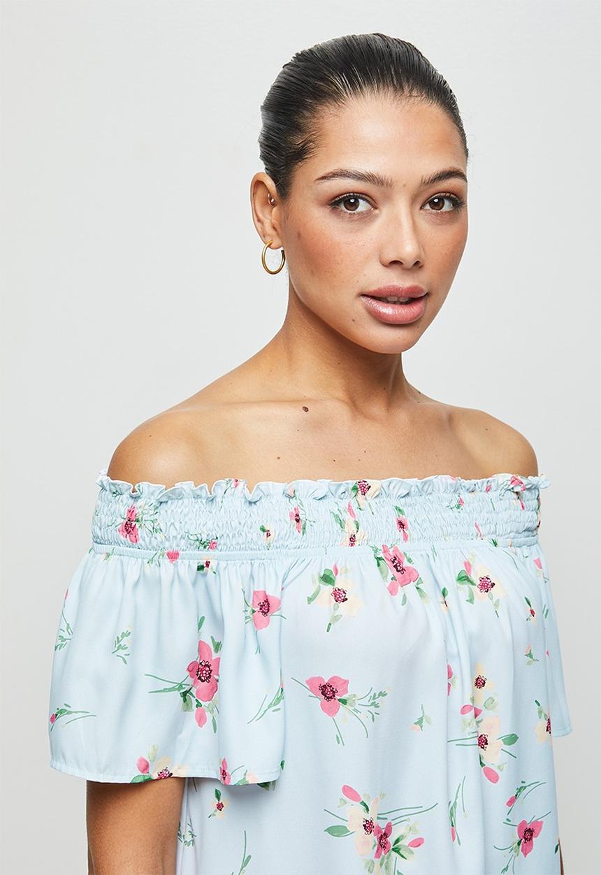 edit - Shirred flounced off the shoulder top - multi