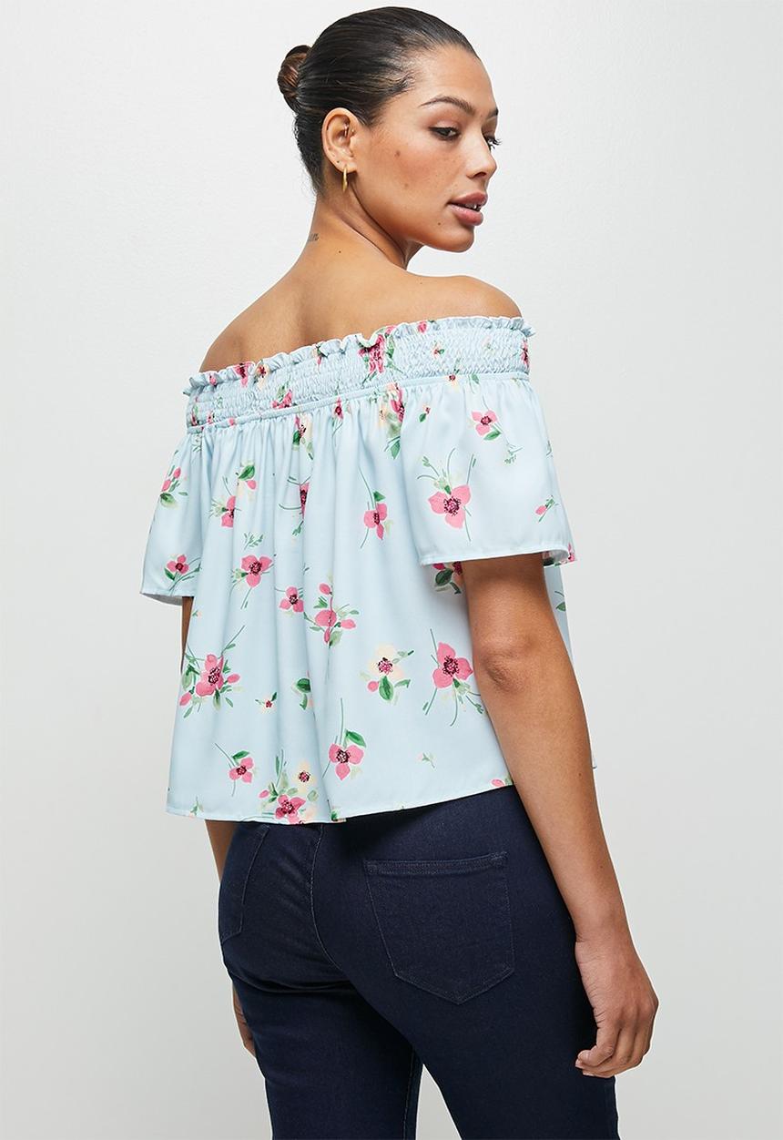 edit - Shirred flounced off the shoulder top - multi