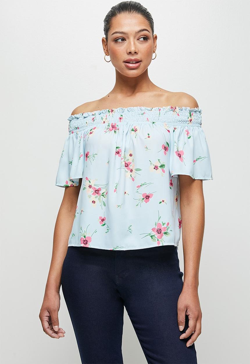 edit - Shirred flounced off the shoulder top - multi