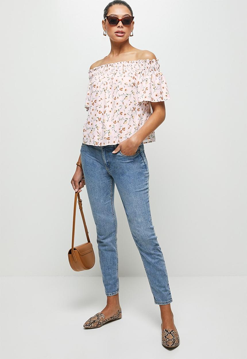 edit - Shirred flounced off the shoulder top - multi