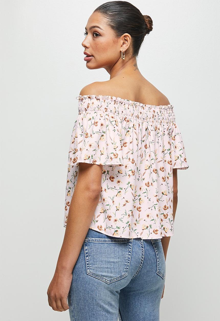edit - Shirred flounced off the shoulder top - multi