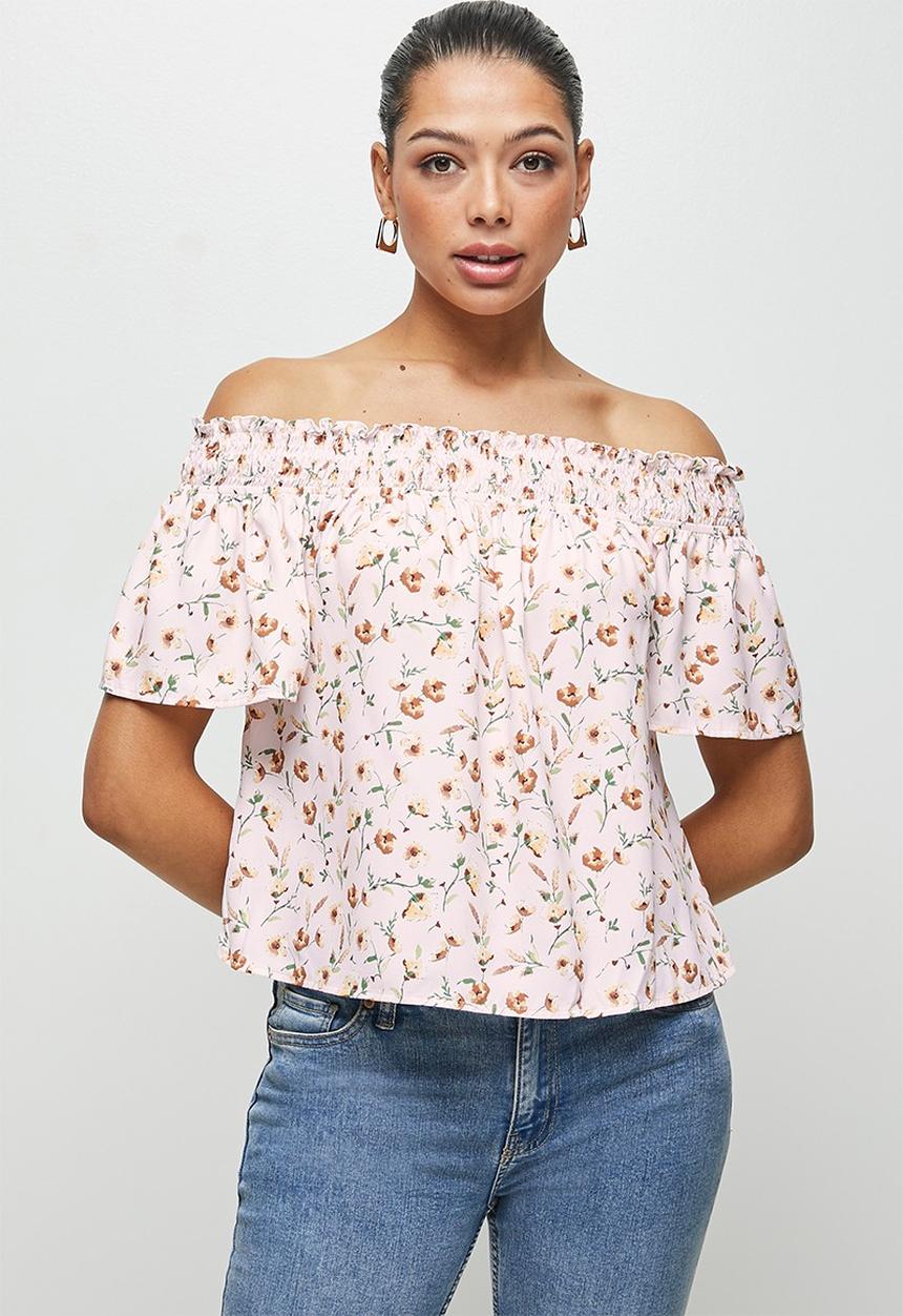 edit - Shirred flounced off the shoulder top - multi