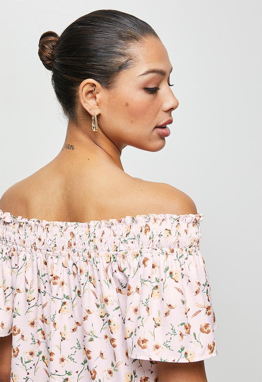 edit - Shirred flounced off the shoulder top - multi