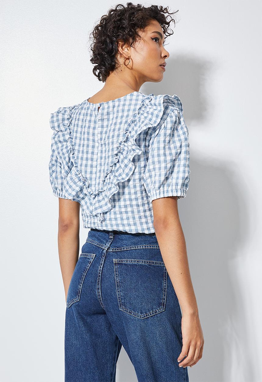 Superbalist - Gingham ruffle blouse - light blue and white