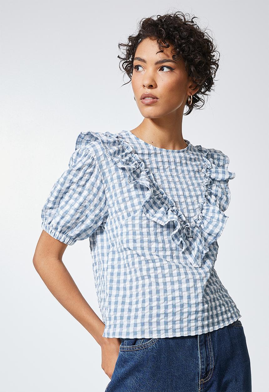 Superbalist - Gingham ruffle blouse - light blue and white