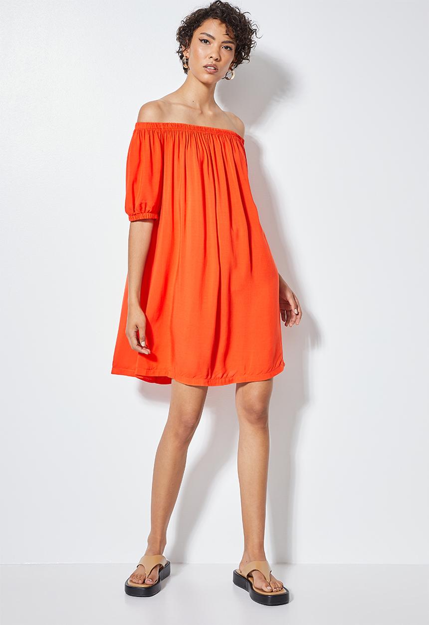 Superbalist - Puff sleeve off shoulder dress - tangerine