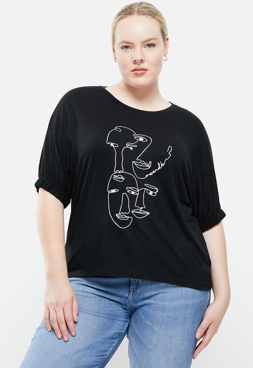 Me&B - Plus embroidered tee with sleeve detail - black