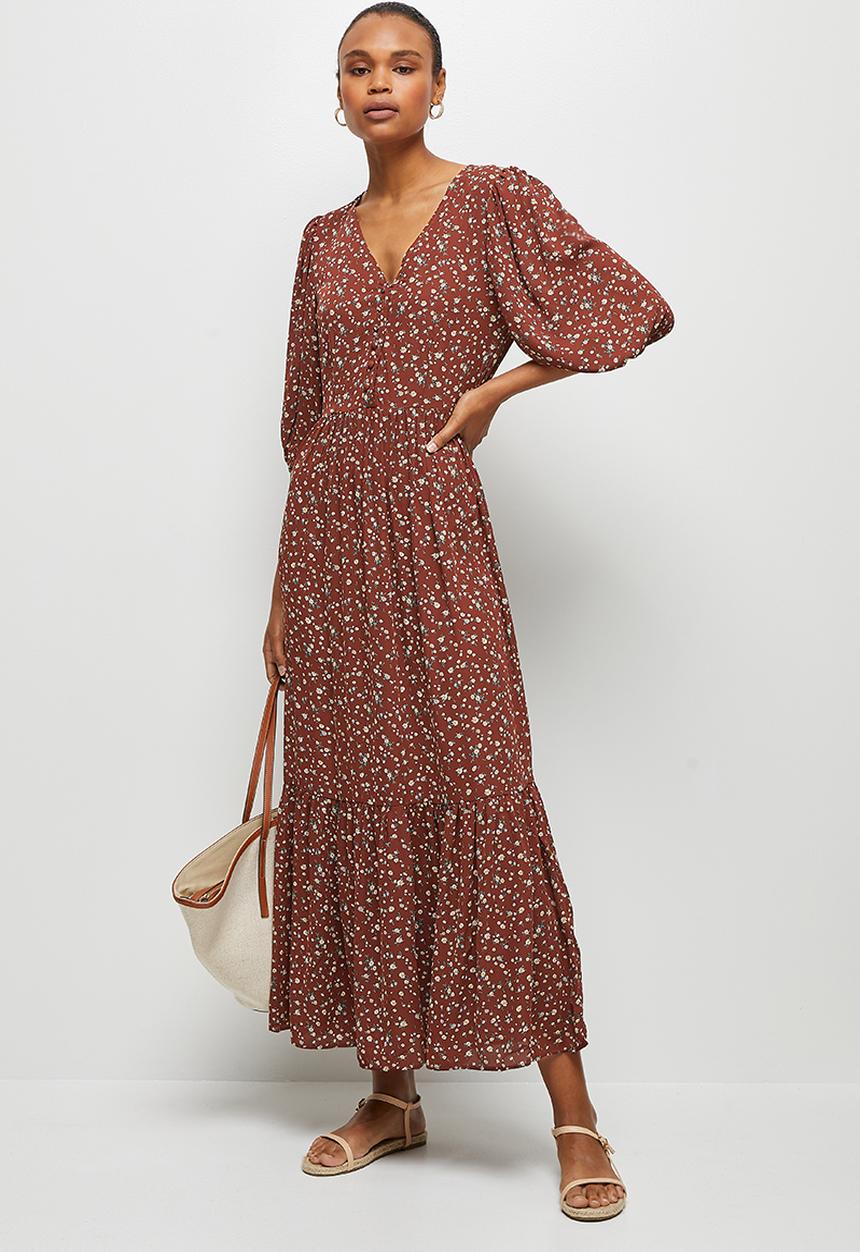 edit - Puff sleeve tiered maxi dress - brick ditsy