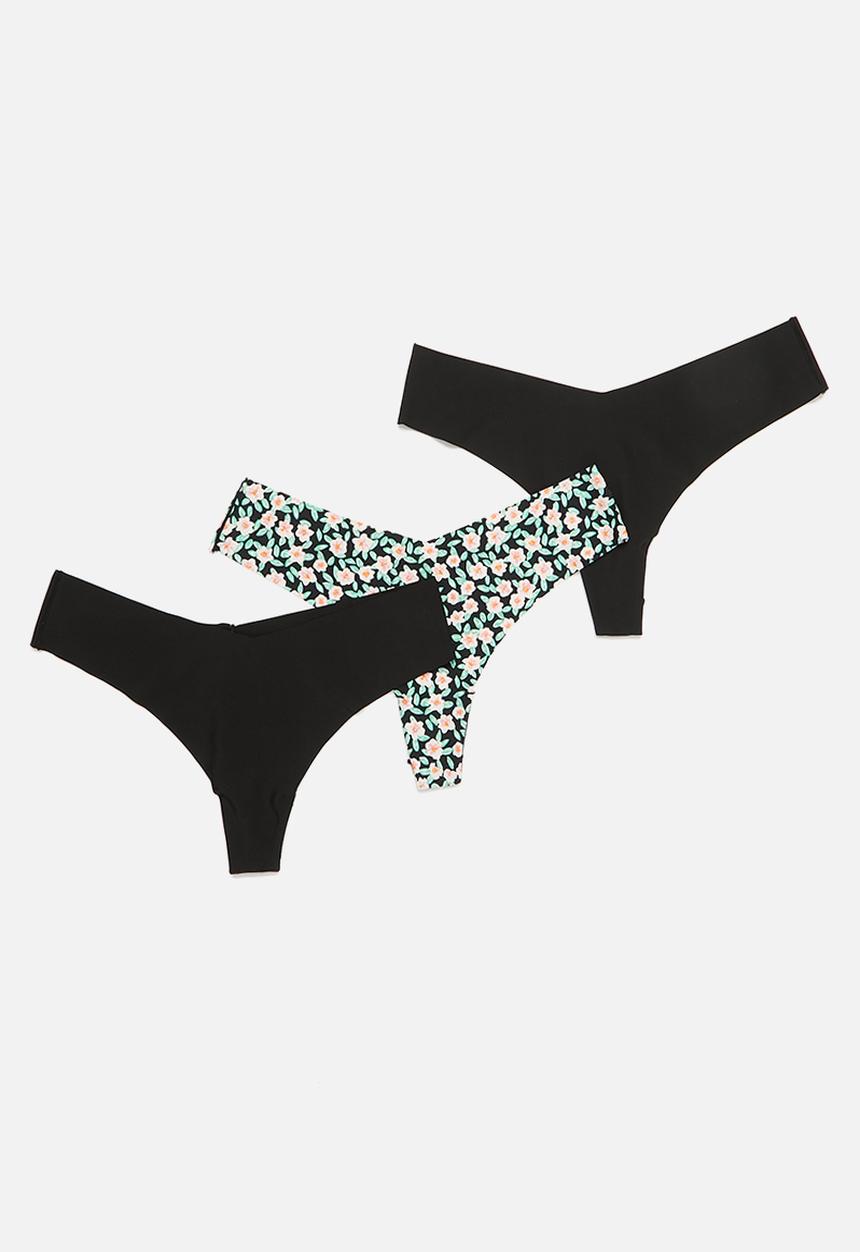 Cotton On - The invisible g string brief 3 pack - black/flower leaf ditsy black/black