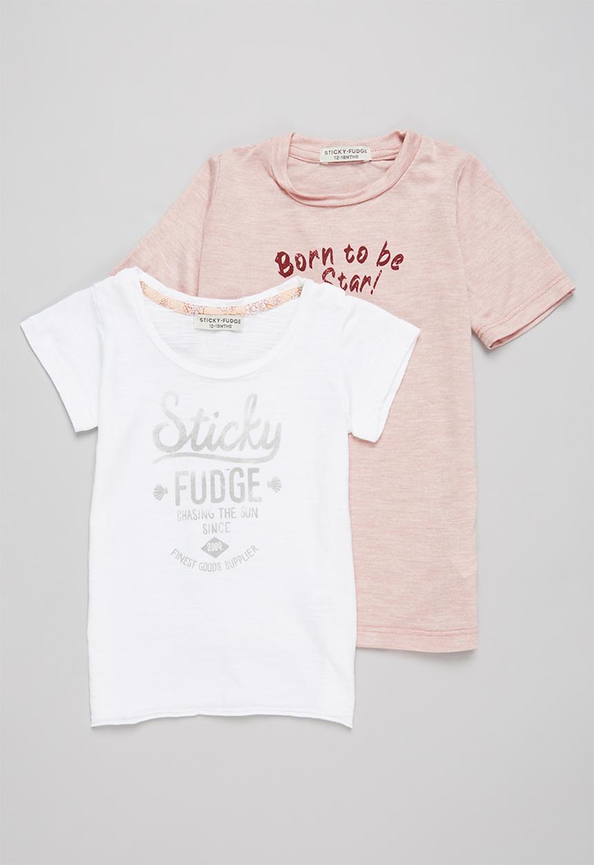Sticky Fudge - Girls 2 pack branded tee - white & pink