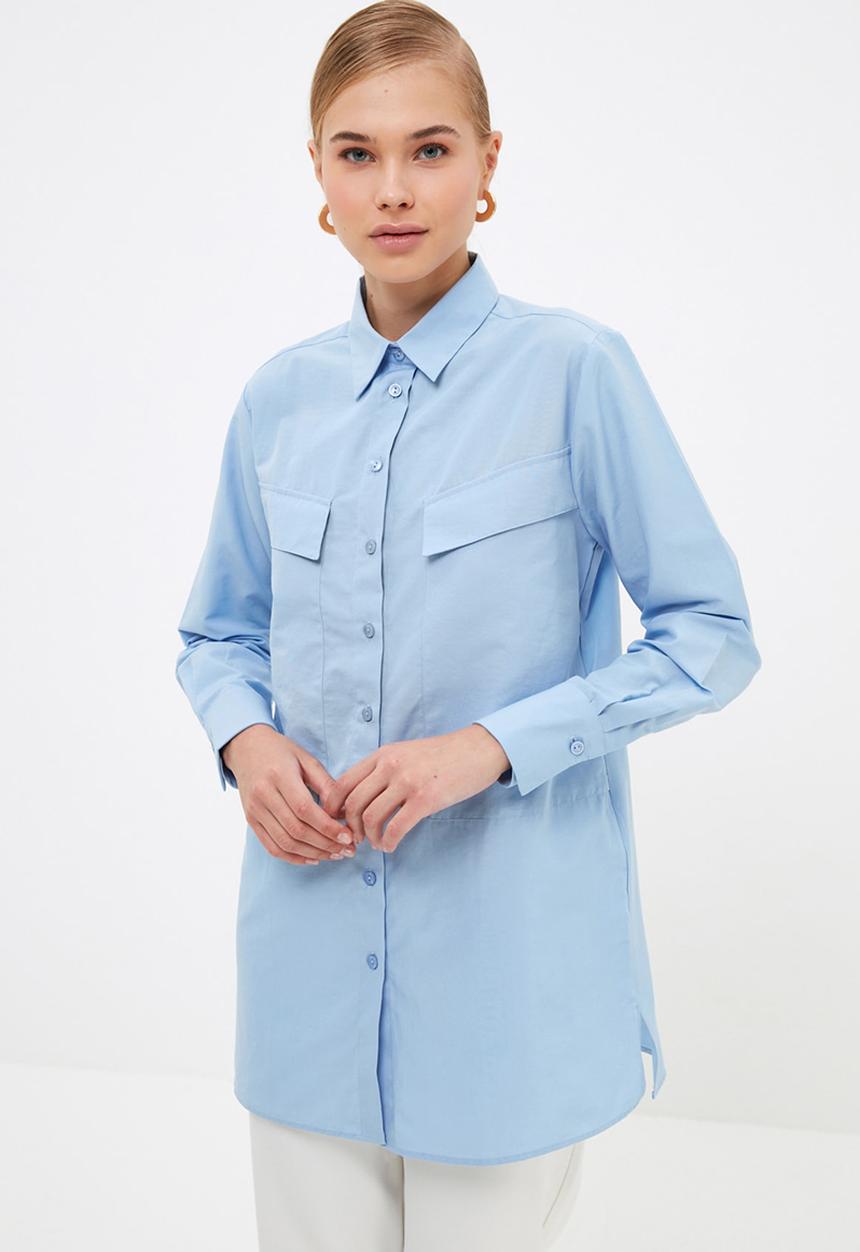 Trendyol - Longer length double pocket shirt - blue
