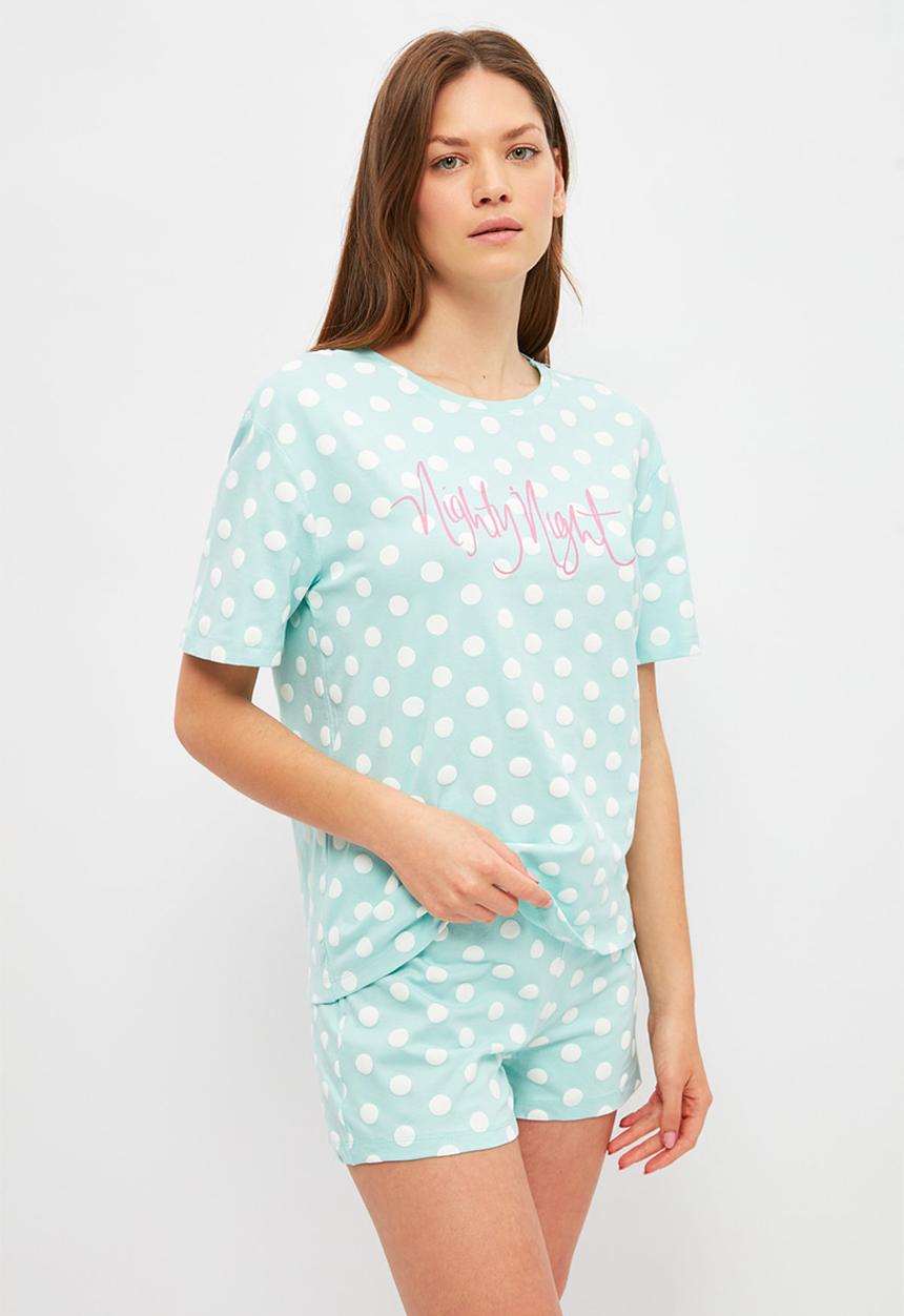 Trendyol - Polka dot knitted pajamas set - blue