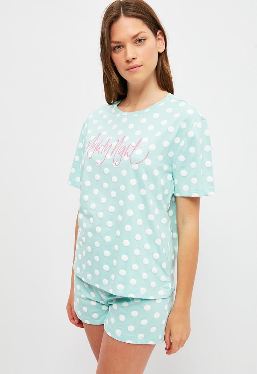 Trendyol - Polka dot knitted pajamas set - blue