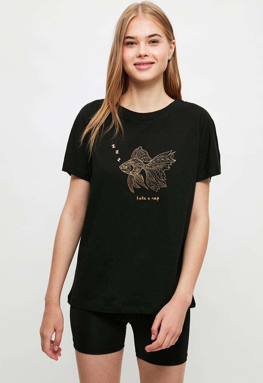 Trendyol - Fish printed knitted pajamas set - black