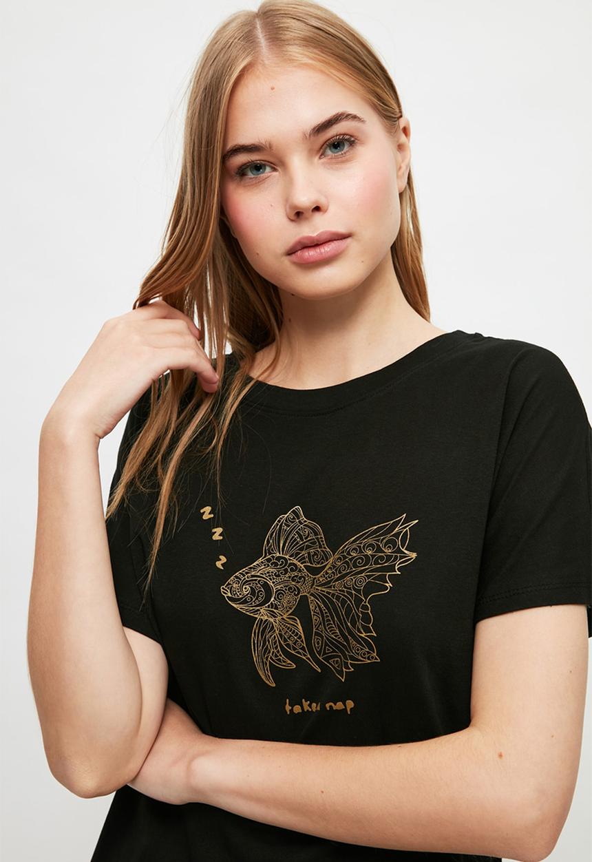 Trendyol - Fish printed knitted pajamas set - black