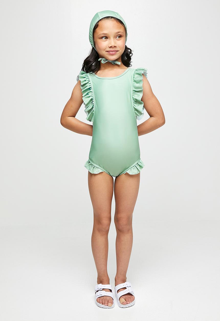 Pop Candy - Girls ruffle swimsuit and cap - green