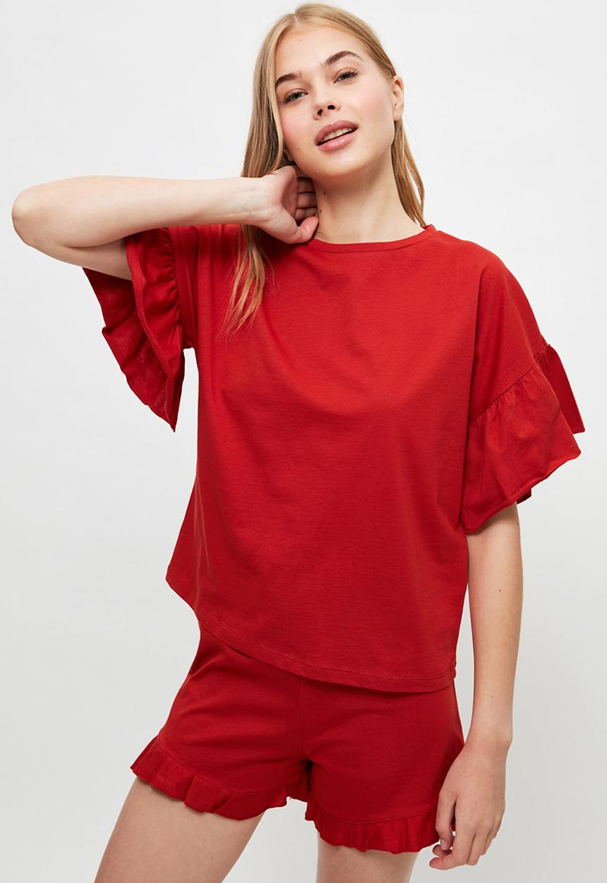 Trendyol - Frilly sleeves knitted pajamas set - red